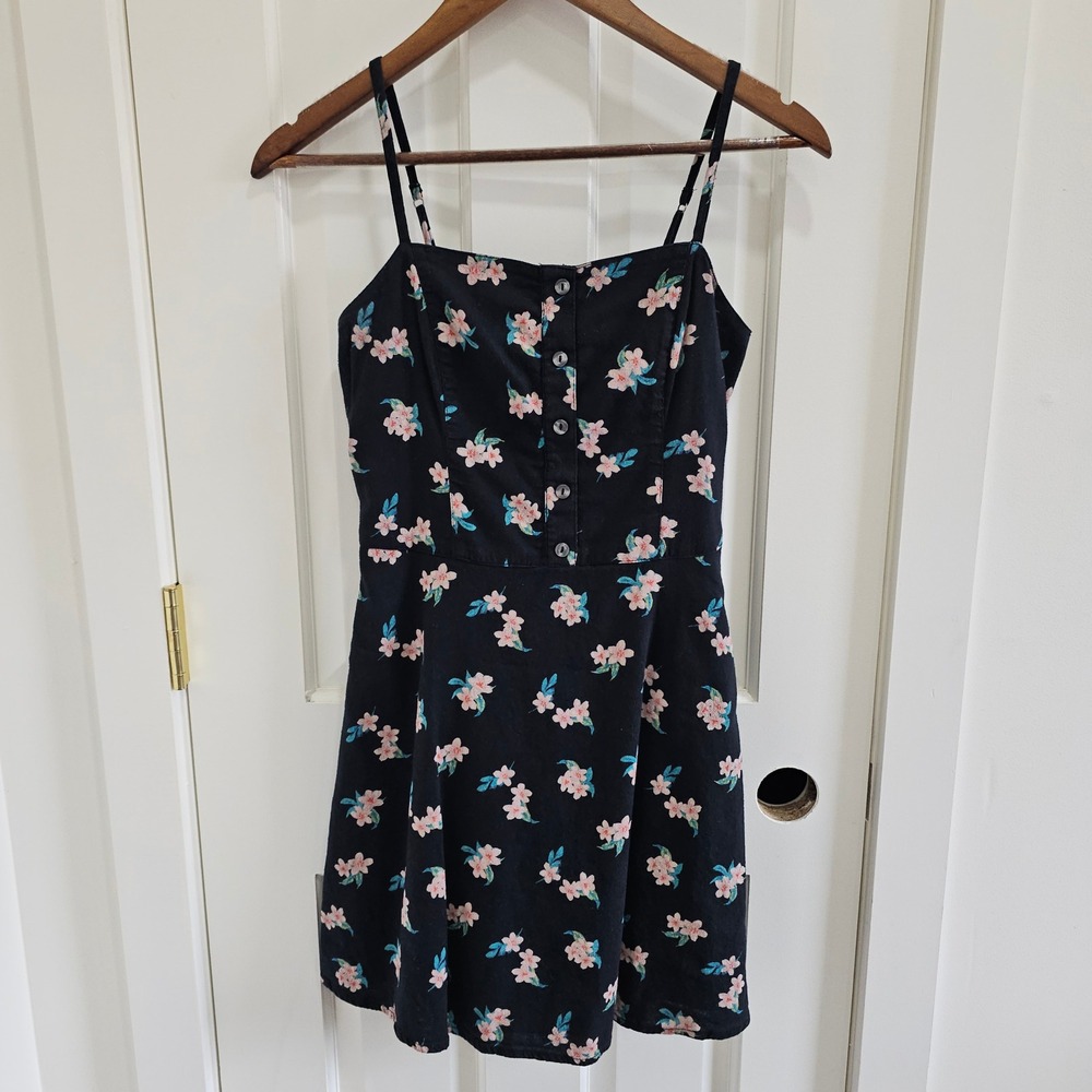 Hollister Black Floral Cotton Linen Blend Smocked Mini Dress Small